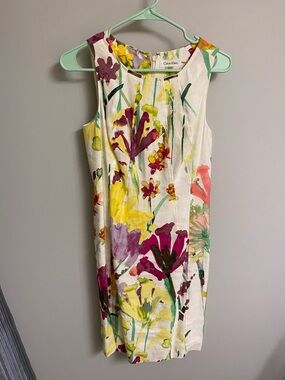 Calvin Klein White Floral Midi Dress with Yellow & Magenta Blooms